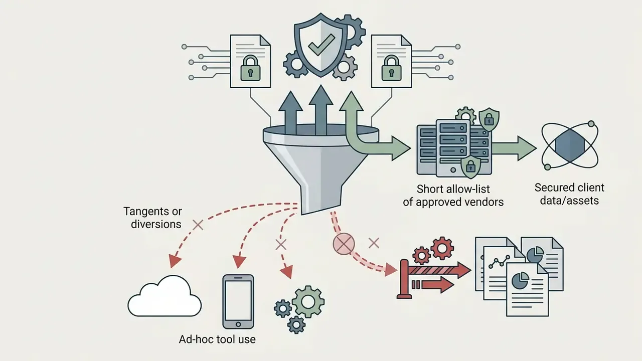 Funnel graphic showing data filtered into approved vendor servers while blocking ad-hoc tool usage