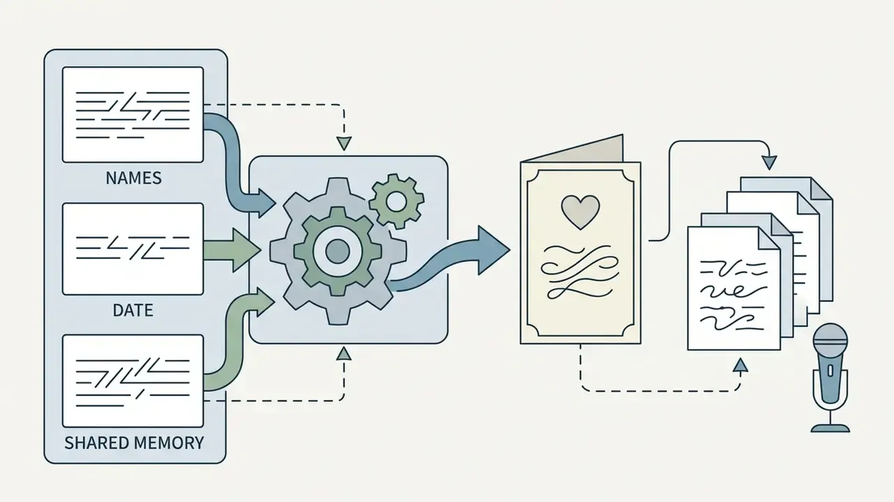 Personal details feeding into a gear mechanism to generate a romantic card and speech notes