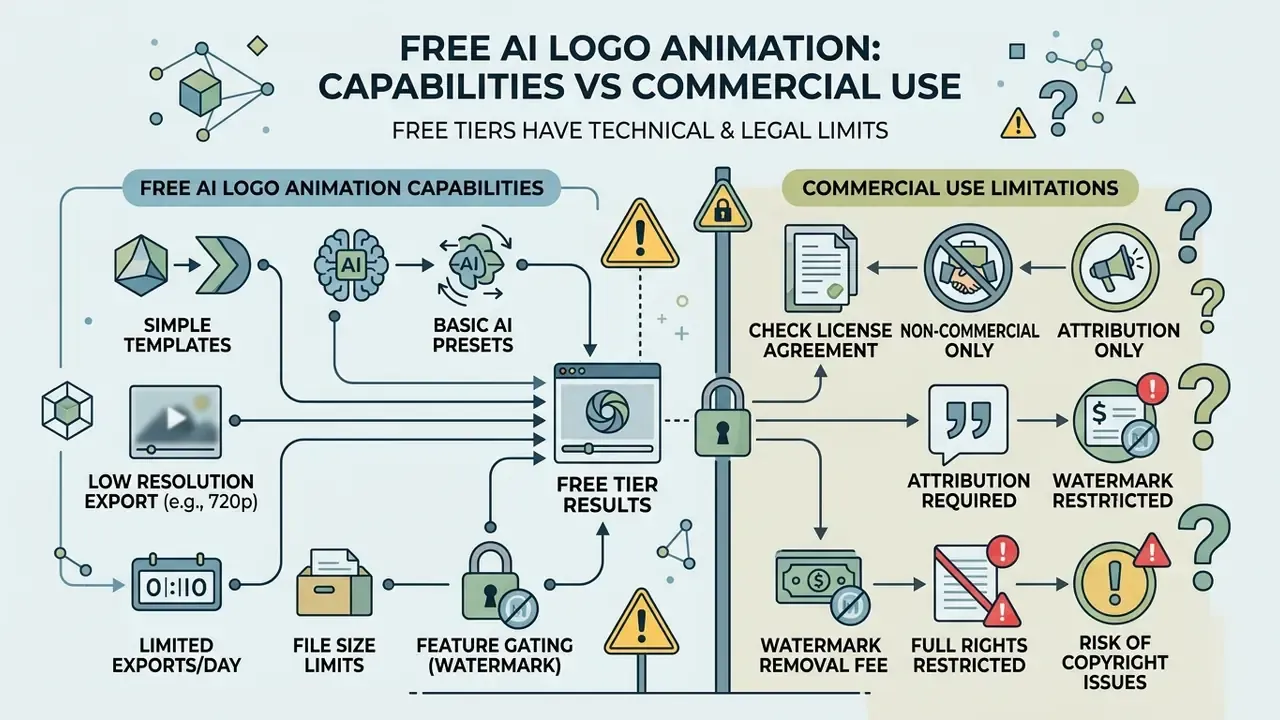 Infographic mapping technical capabilities of free tools against commercial use legal restrictions