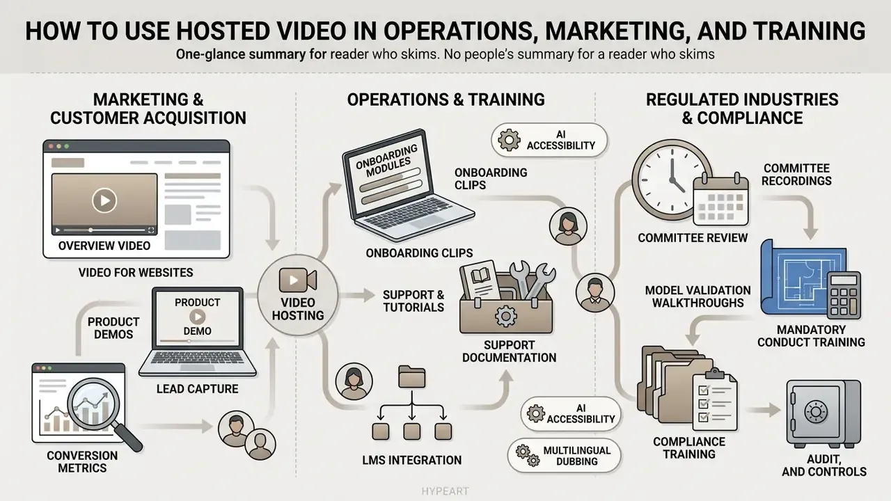 Diagram mapping video use cases across marketing, employee training, and regulated industry compliance