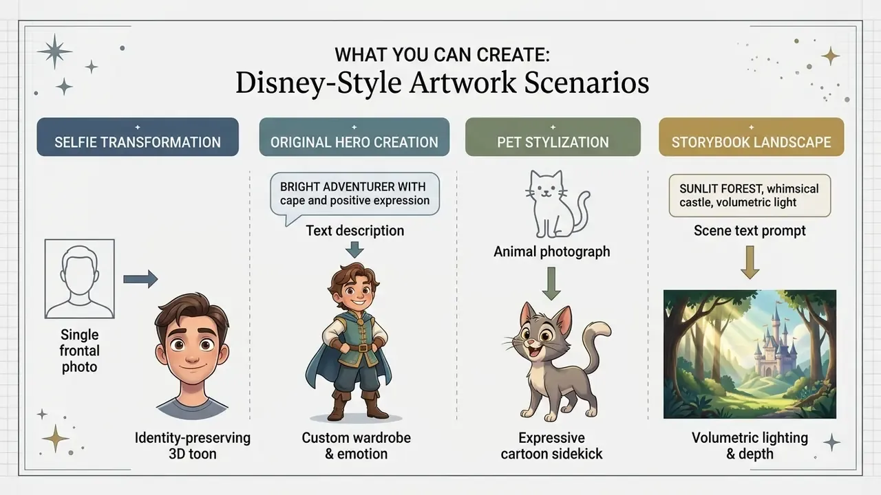 Chart detailing four Disney AI generator workflows including portraits, characters, pets, and landscapes