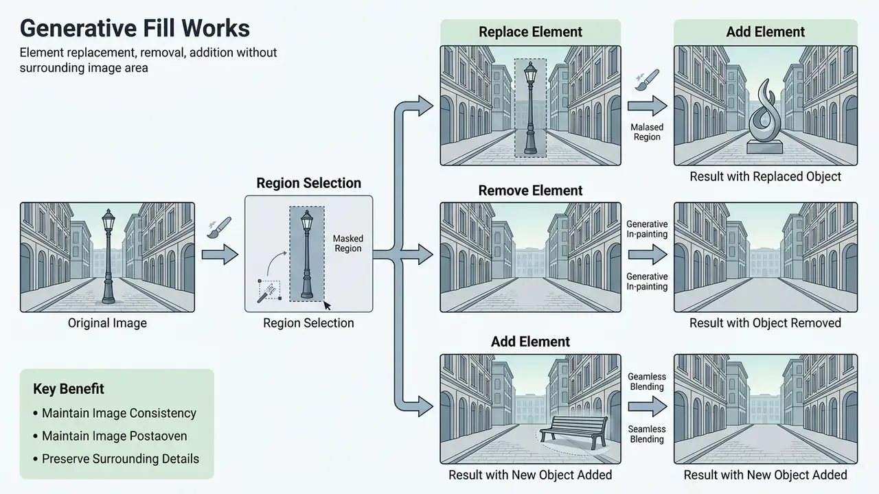 Diagram showing how a custom AI image generator masks specific areas to replace, remove, or add elements