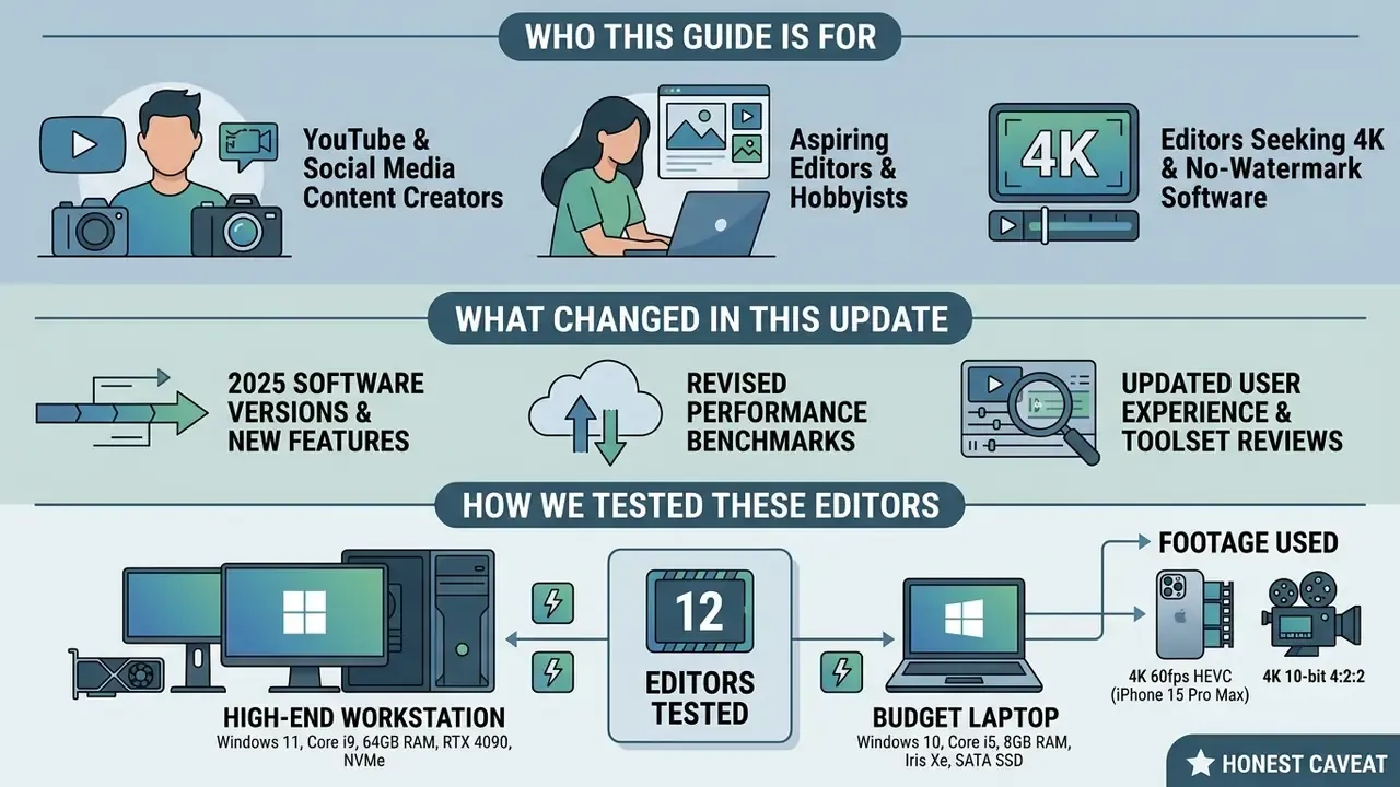 Infographic showing testing methodology for video editors using a high-end workstation and budget laptop