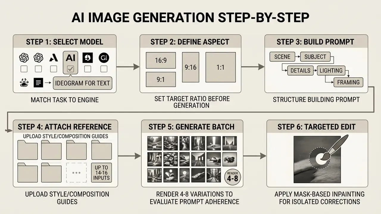 Six sequential steps for using a free AI image generator to create and edit custom visual content