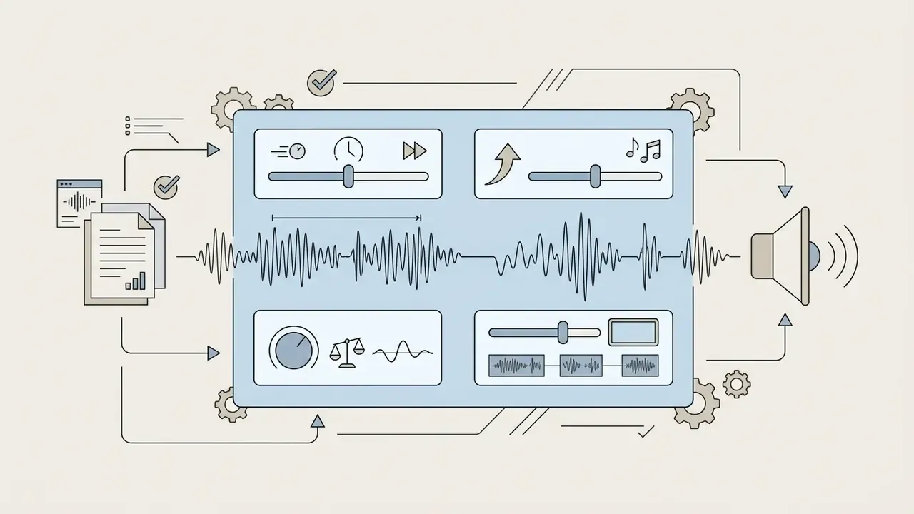 Control panel with sliders and icons for adjusting speech speed, pitch, and rhythm of an audio waveform