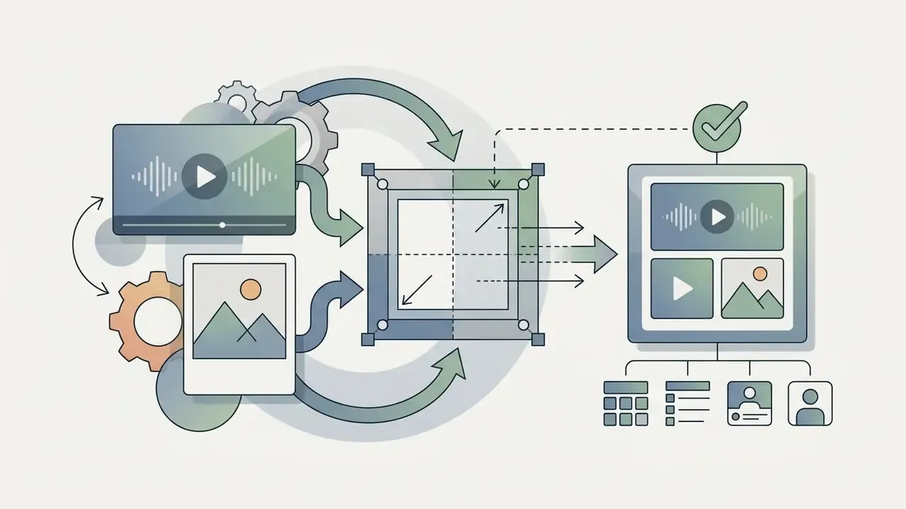 Square frame resizing media assets to fit social platform layouts and feed post dimensions