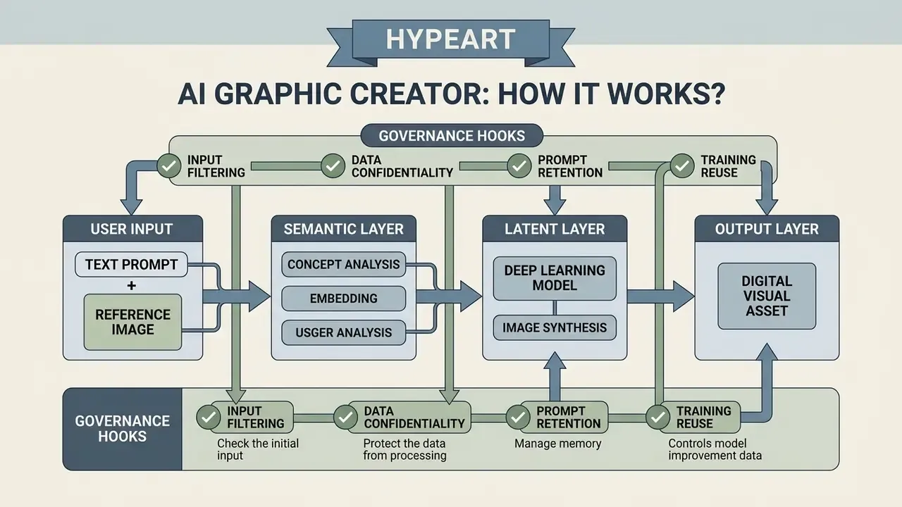 Diagram showing data flow through user input, semantic, latent, and output layers with governance hooks