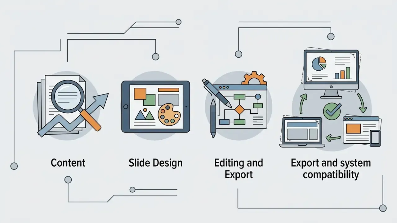 Icons representing content analysis, slide design, editing, and cross-platform export compatibility
