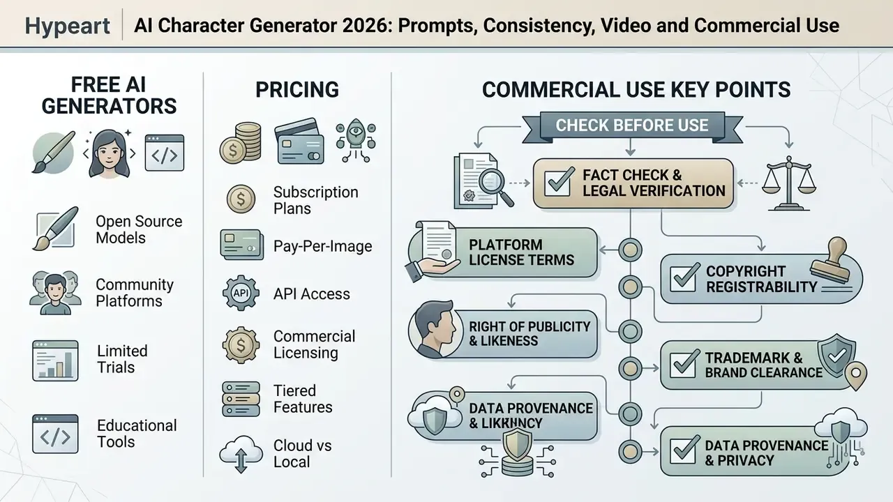 Infographic comparing generator types and pricing models alongside a legal compliance checklist