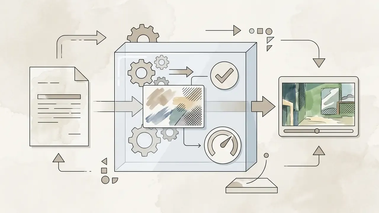 Document input processed by gears and style references into a stylized Ghibli animation frame