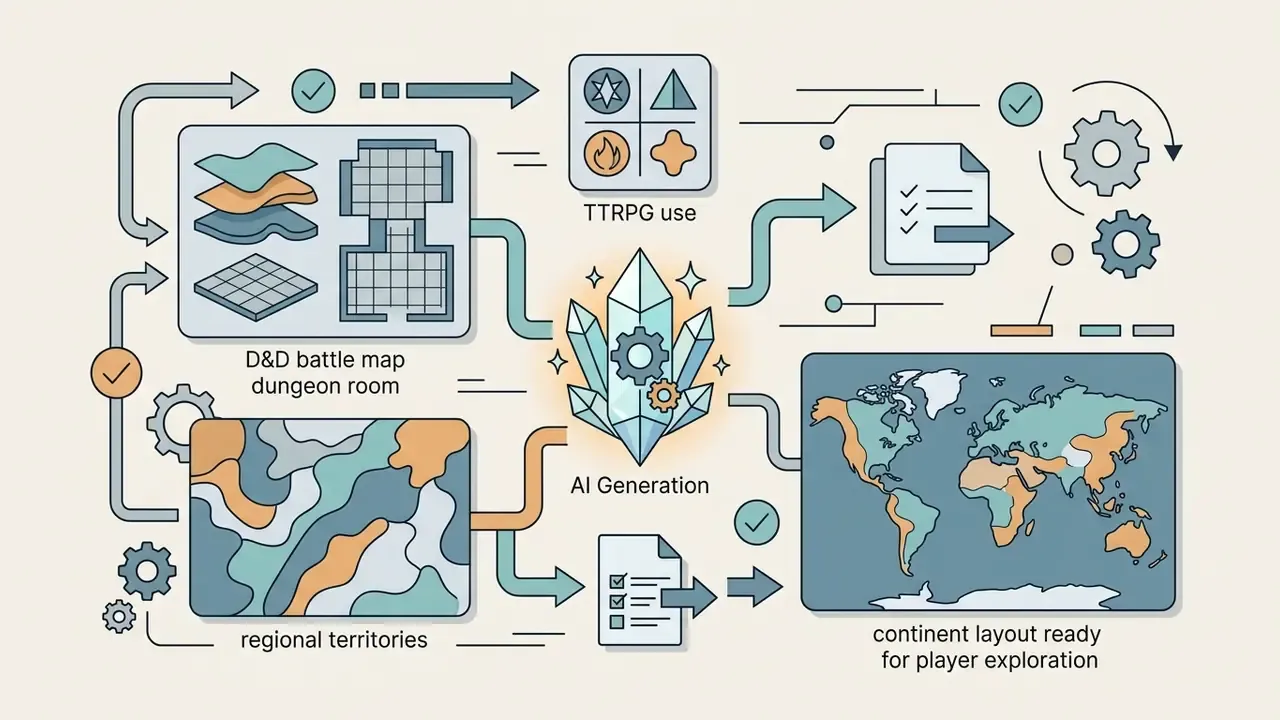 Central crystal icon generating D&D battle maps, regional territories, and world continent layouts
