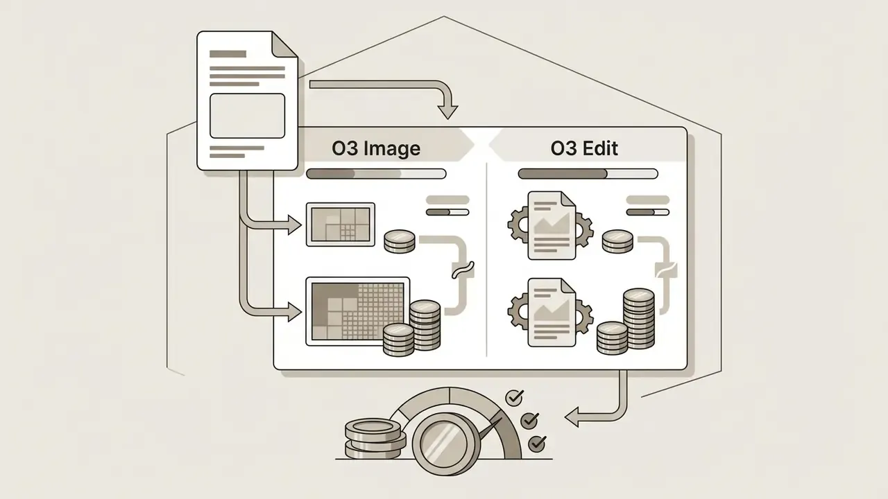 Document icons and credit stacks flowing into O3 Image and O3 Edit tools to calculate Kling AI generator costs