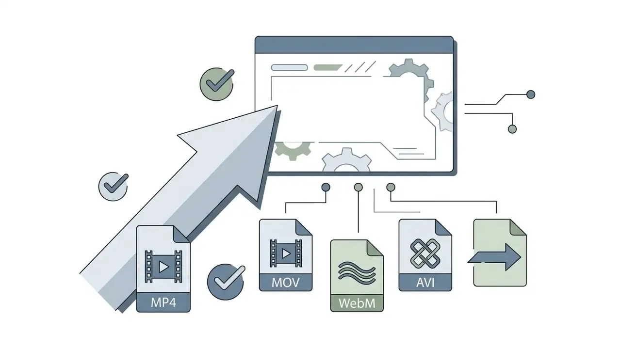 Large arrow pointing toward a digital interface connected to various video file format icons