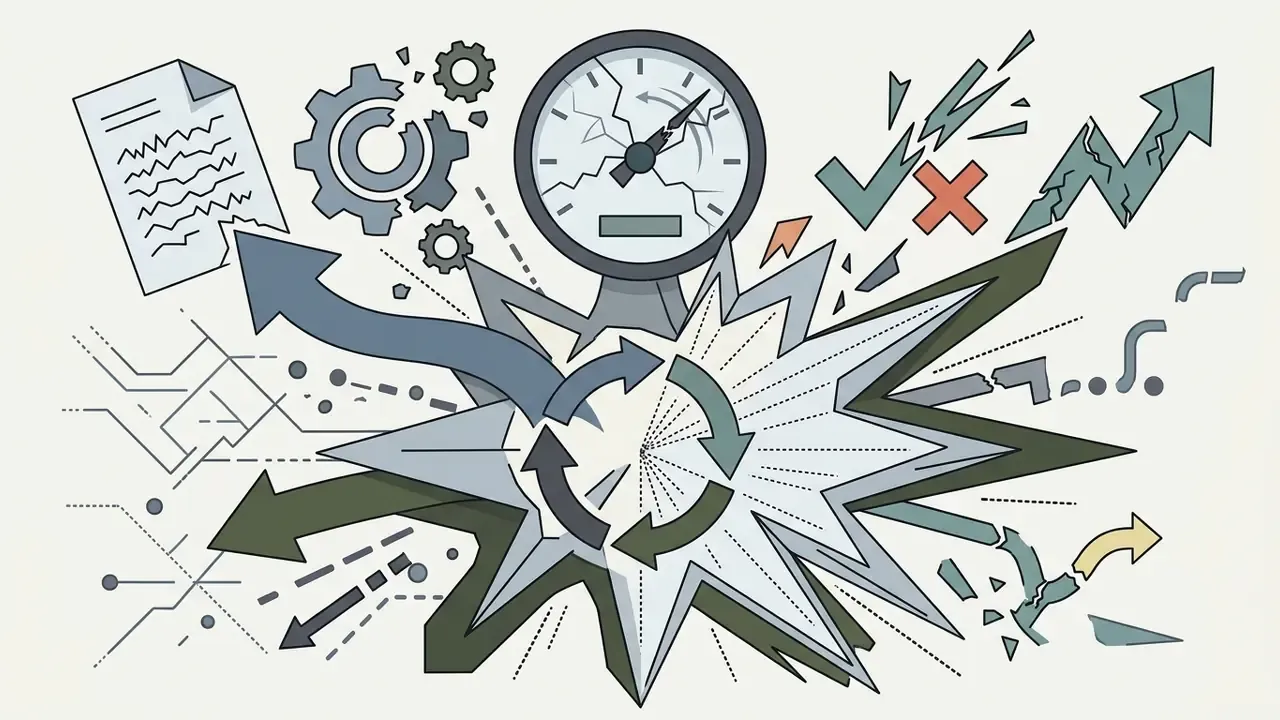 Cracked speedometer and gears surrounding a central explosion of arrows and fragmented data symbols