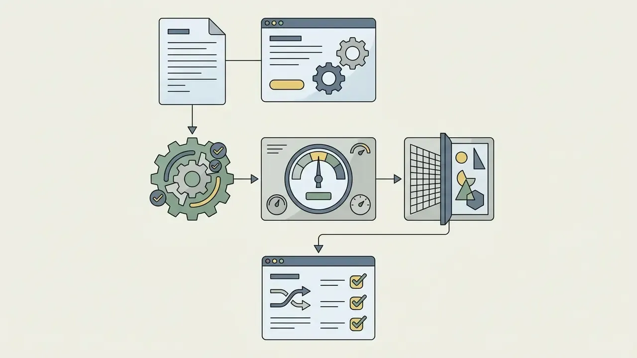 Document and browser window feeding into a gear mechanism, speed gauge, and laptop with geometric icons