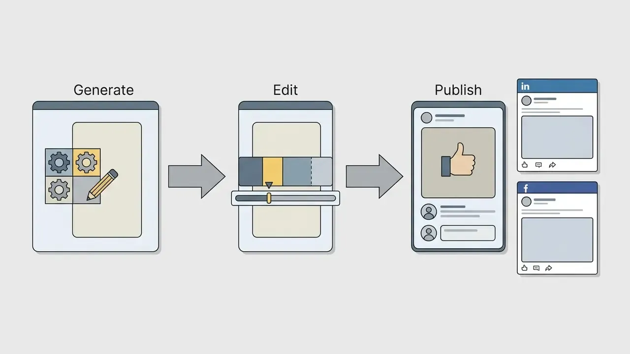 Icons showing the progression from content creation to editing and sharing on social media platforms