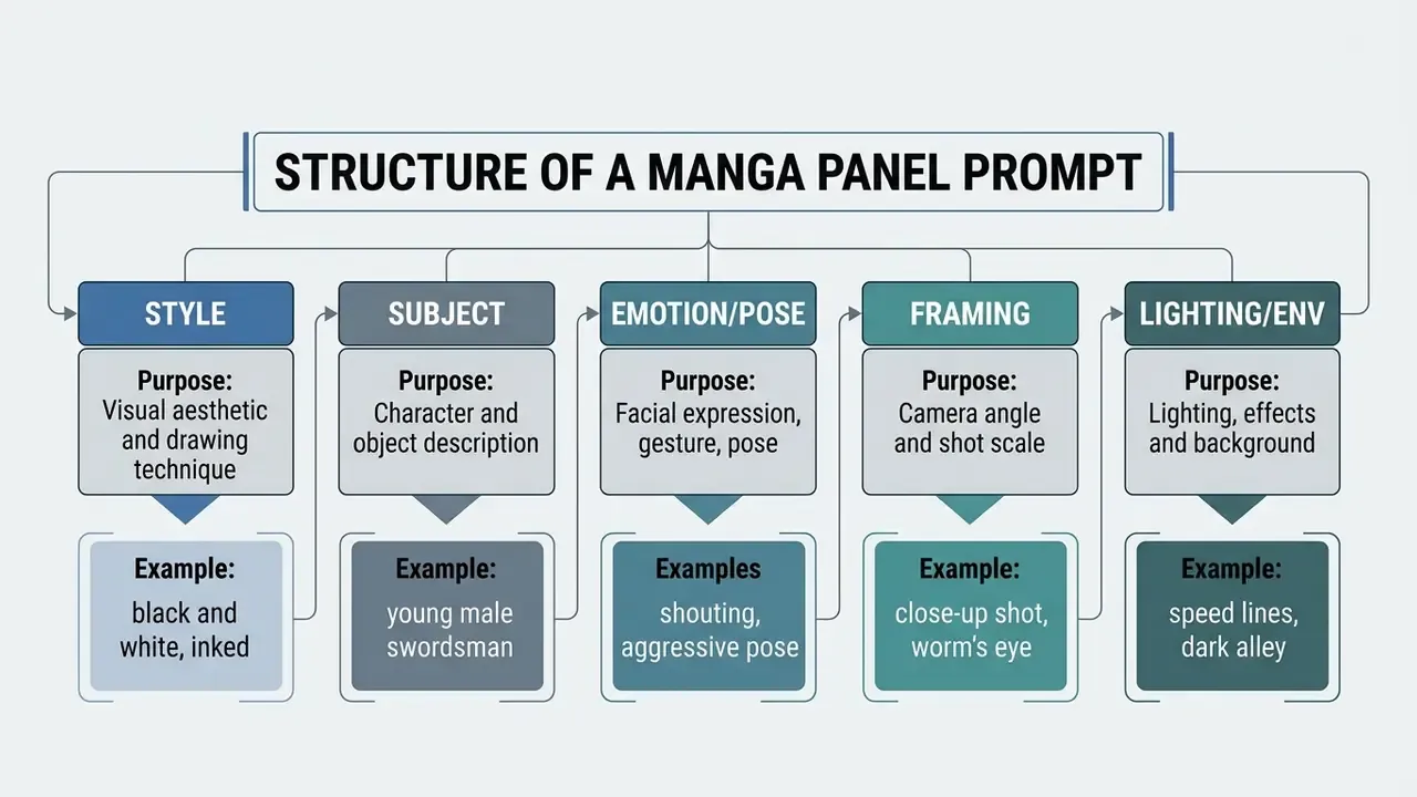 Table breaking down five essential components for creating manga prompts with examples for each category