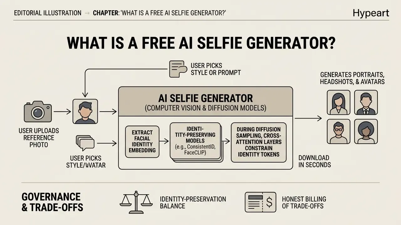 Diagram showing how an AI selfie generator processes user photos and prompts to create new portraits