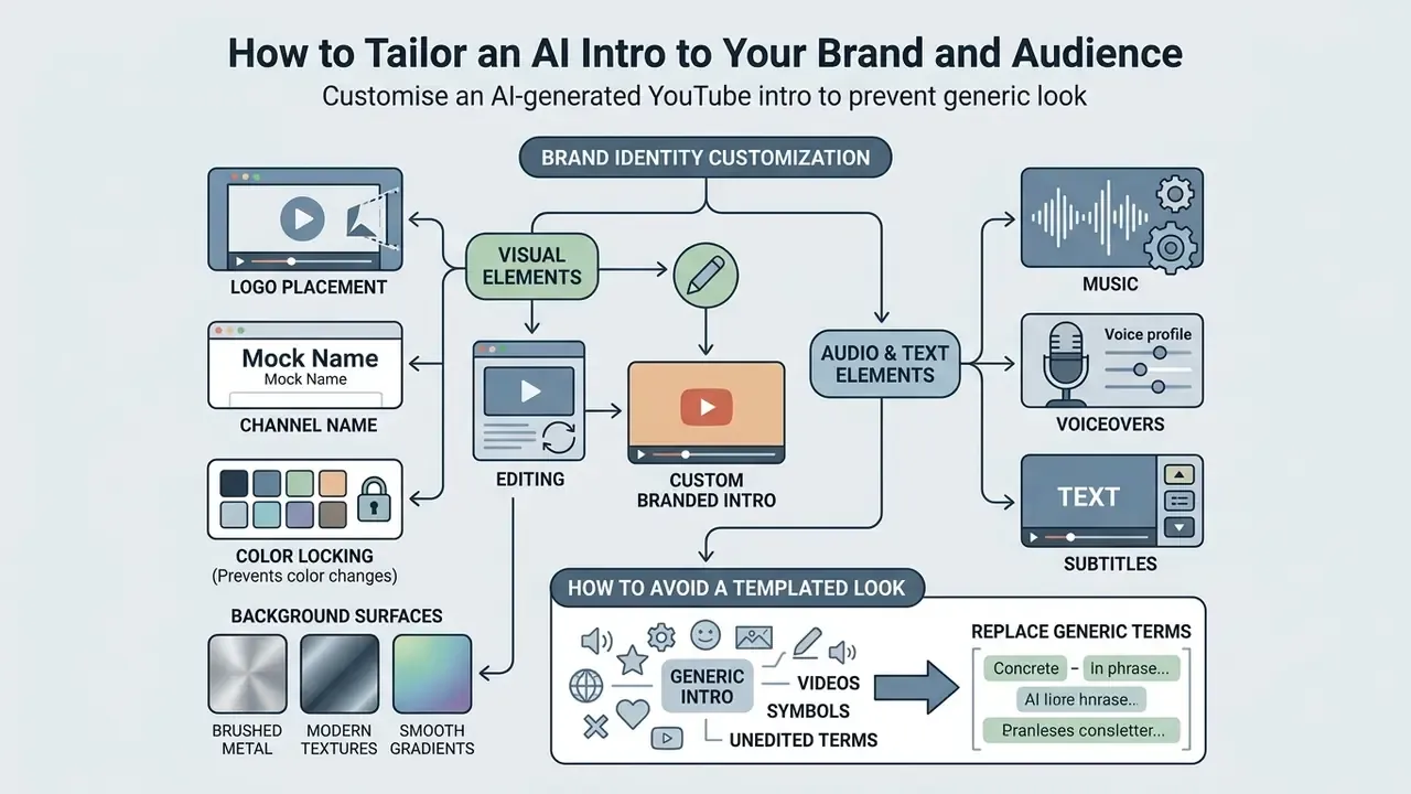 Infographic detailing steps to customize video intros by adjusting visual, audio, and text components