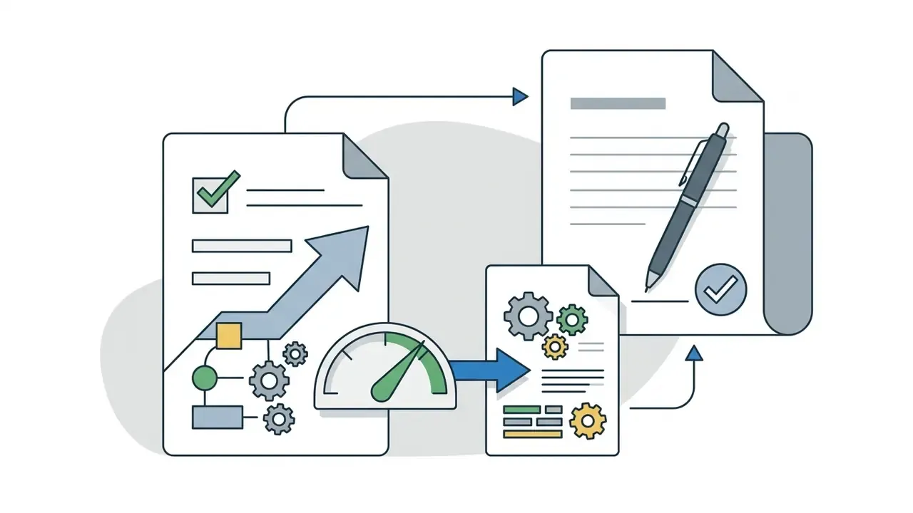 Performance metrics and gear processes flowing into a signed contract document