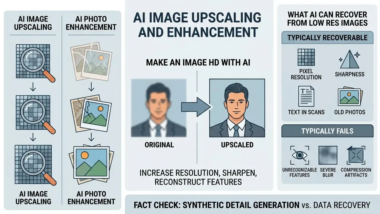Infographic showing the process to make an image HD with AI through upscaling and feature enhancement