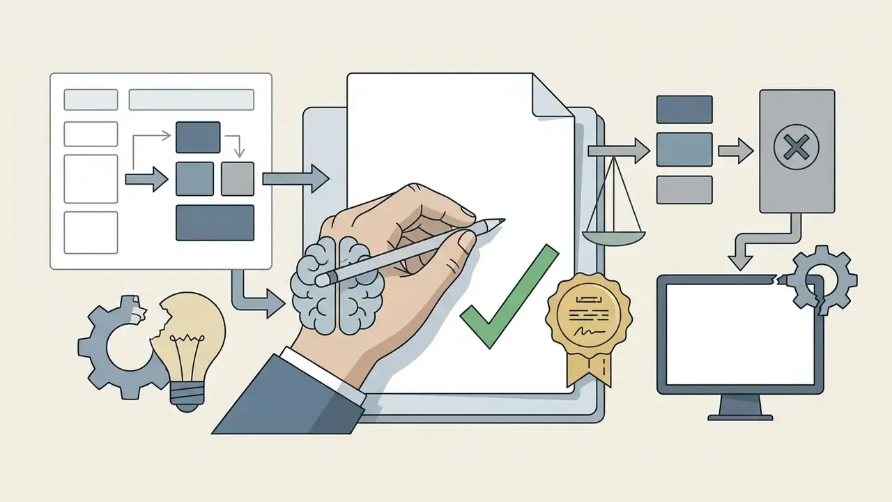 Hand with a brain-shaped wrist signing a document with a checkmark and a seal near legal and tech icons