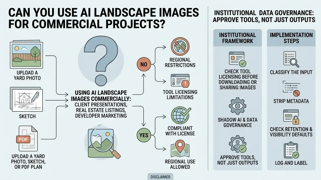 Decision flow chart for using an AI landscape generator for commercial projects and data governance steps