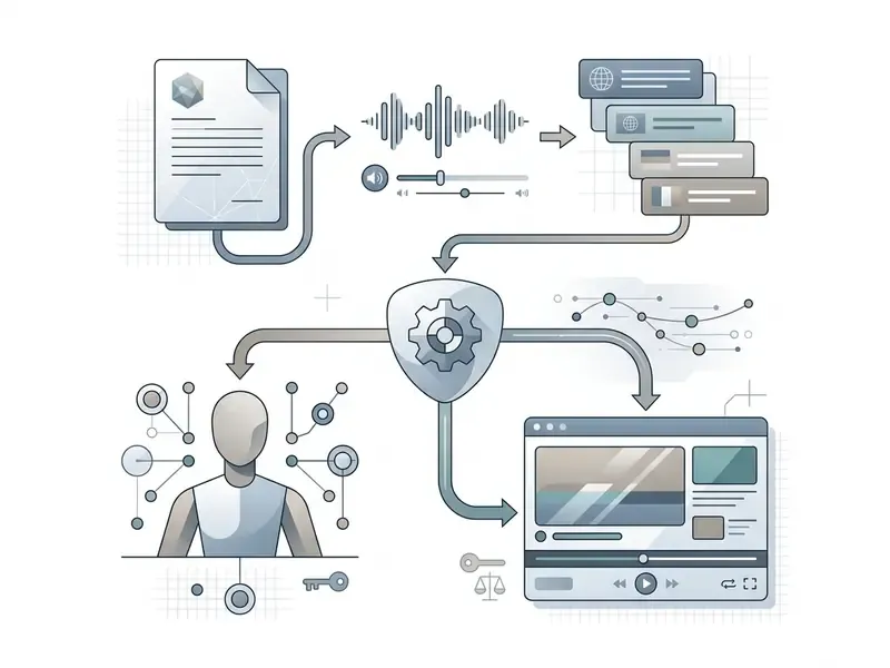 Diagram showing text and audio processing flowing through a central security shield to a digital character