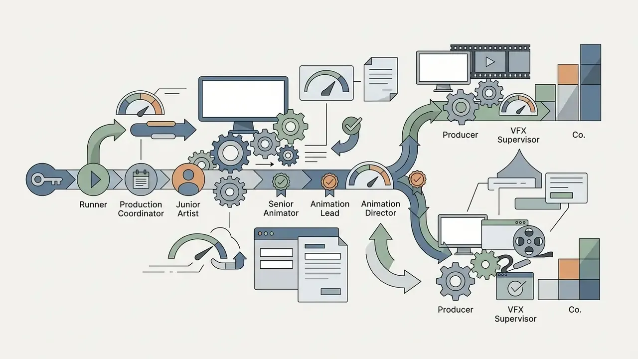 Career path timeline with gears, speedometers, and icons branching into production and supervisor roles