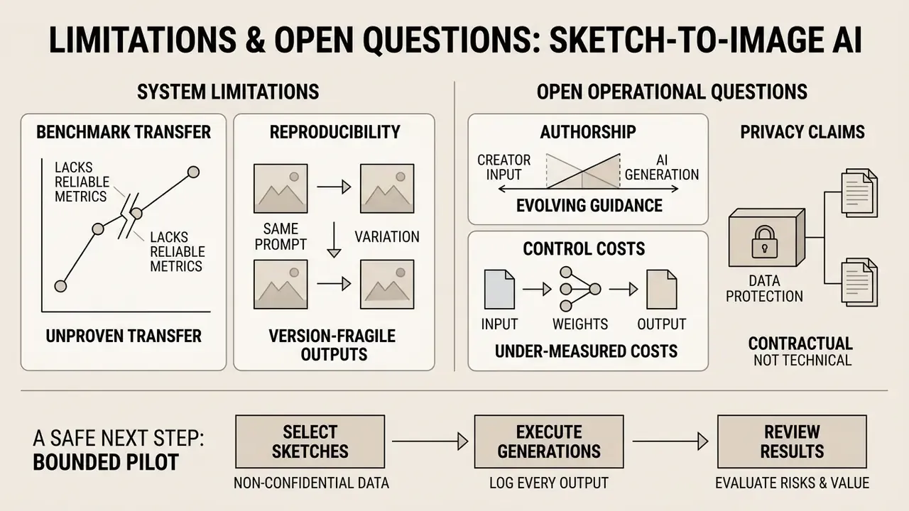Diagram summarizing technical limitations and operational questions for generative design workflows