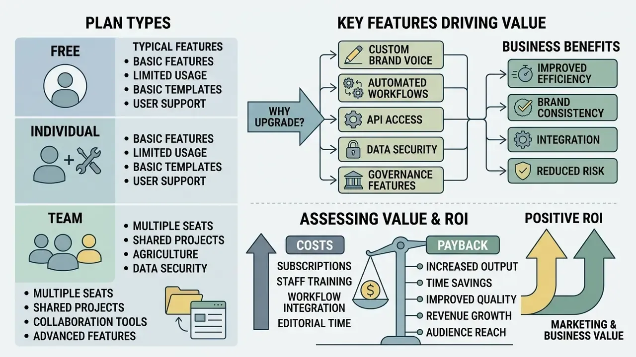 Infographic detailing subscription plan tiers, key value-driving features, and ROI assessment factors