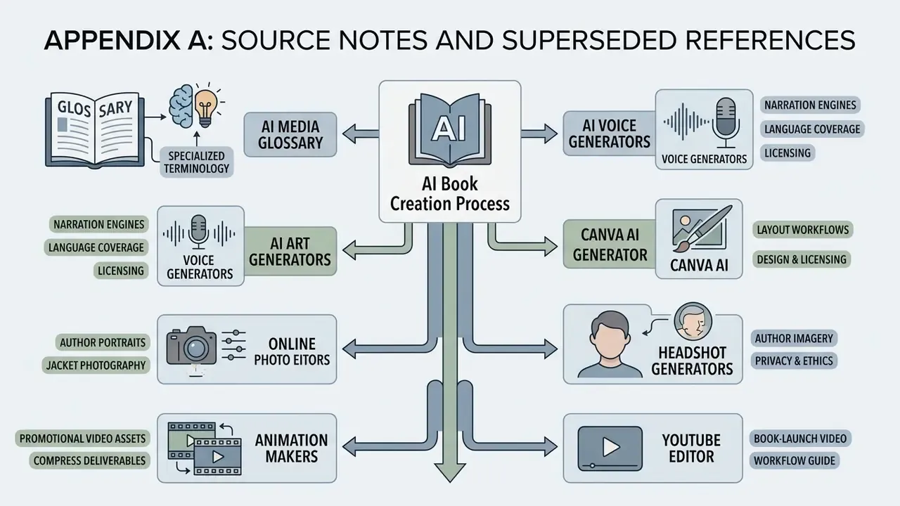Central hub connecting various software tools for media, voice, art, layout, and video production workflows