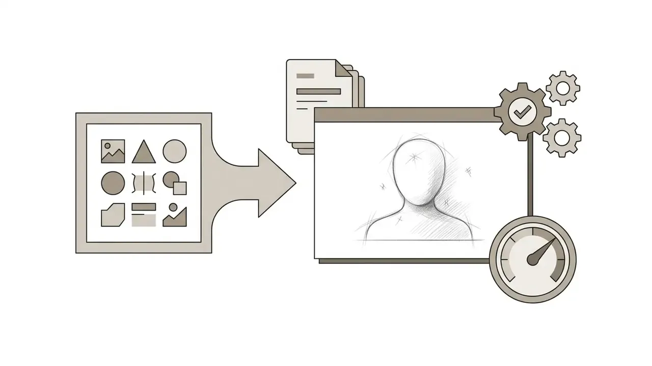 A prompt input transforming into a pencil sketch portrait with gear and gauge controls