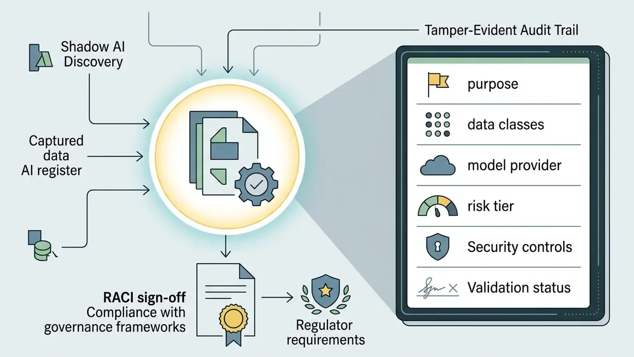 Inputs from discovery and data records feeding into a register that generates a compliance report