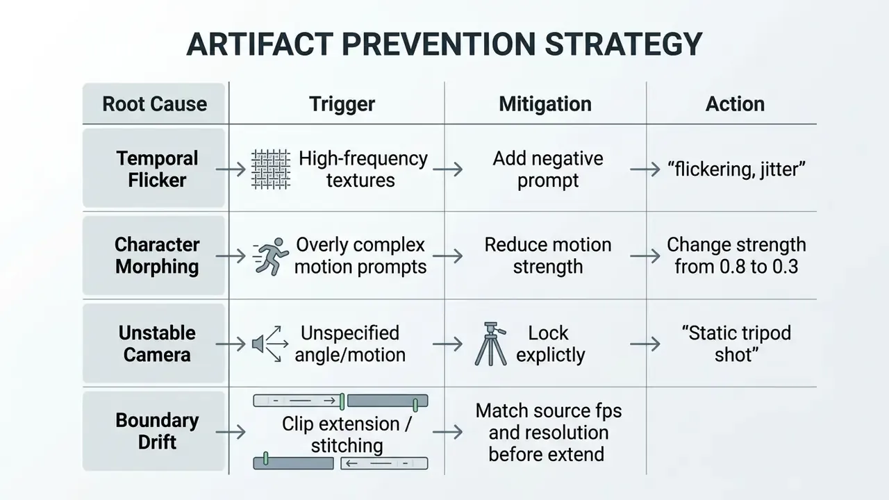 Table mapping video artifact root causes to specific triggers, mitigation strategies, and corrective actions