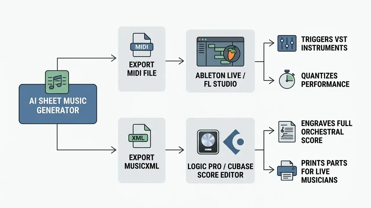 Diagram showing how an AI sheet music generator exports MIDI and MusicXML files to various DAW software