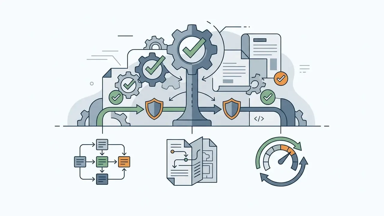 Gears and shields processing documents into workflow, mapping, and gauge indicators for AI governance