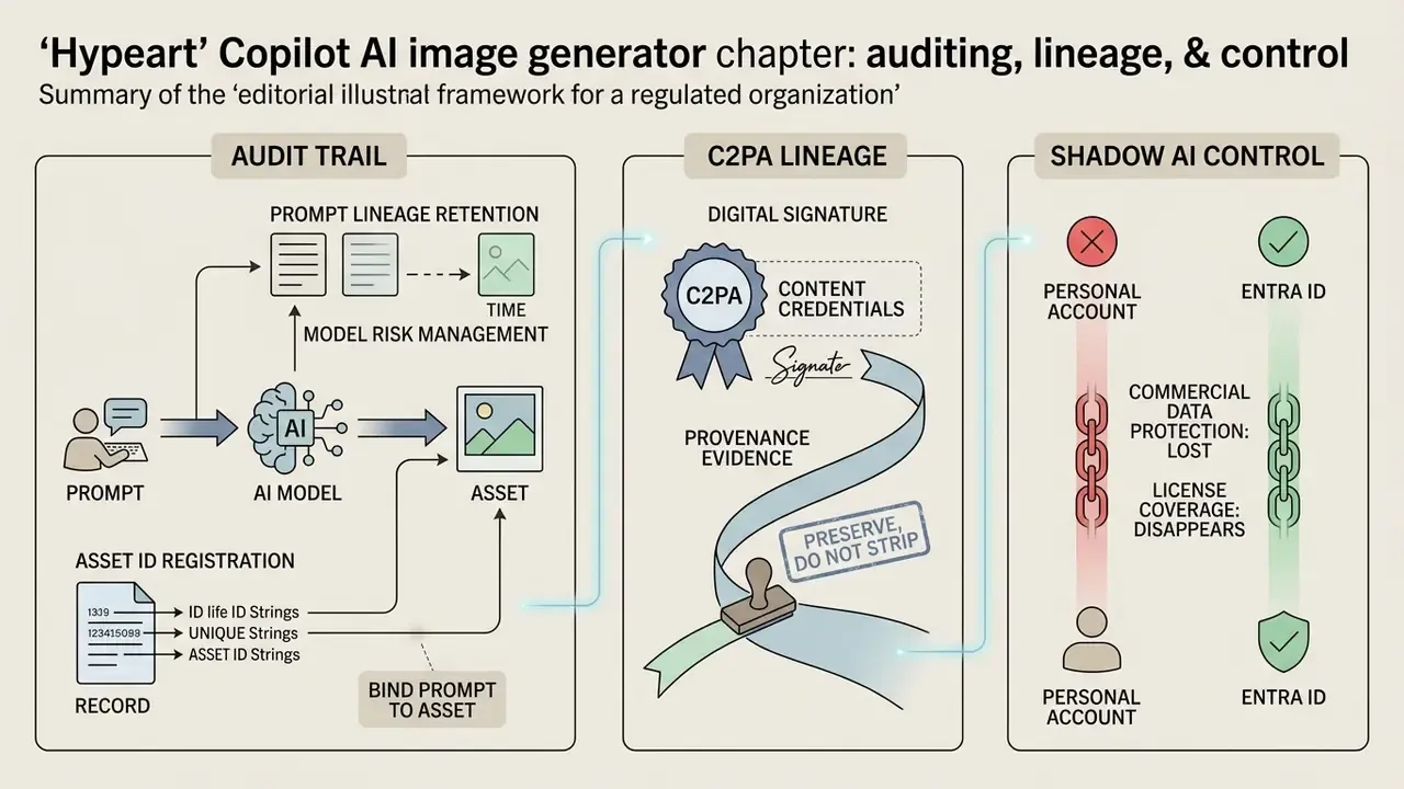 Diagram mapping audit trails, C2PA provenance, and Shadow AI risks for Copilot AI image generation