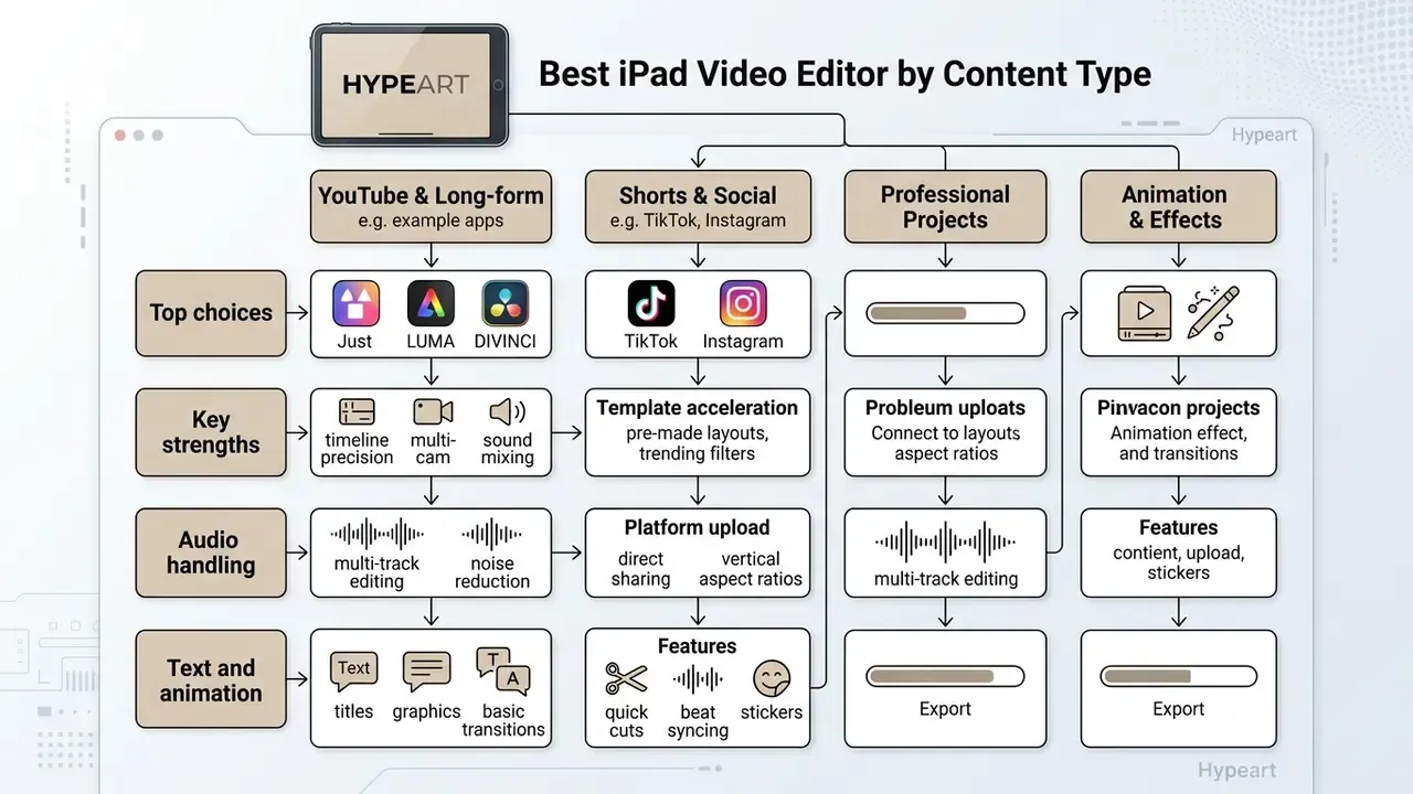 Chart mapping the best iPad video editor options across four distinct content creation categories