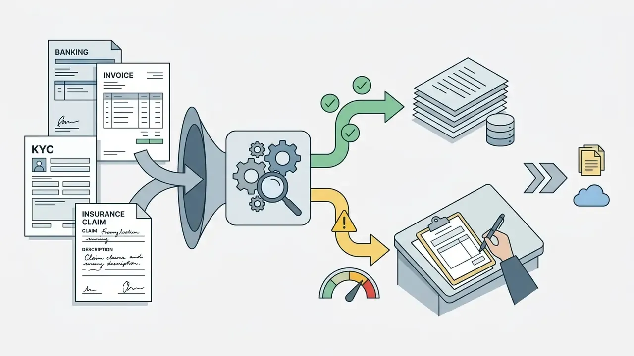 Handwritten claim forms processed by a gear engine that routes clear data to storage and uncertain data to review
