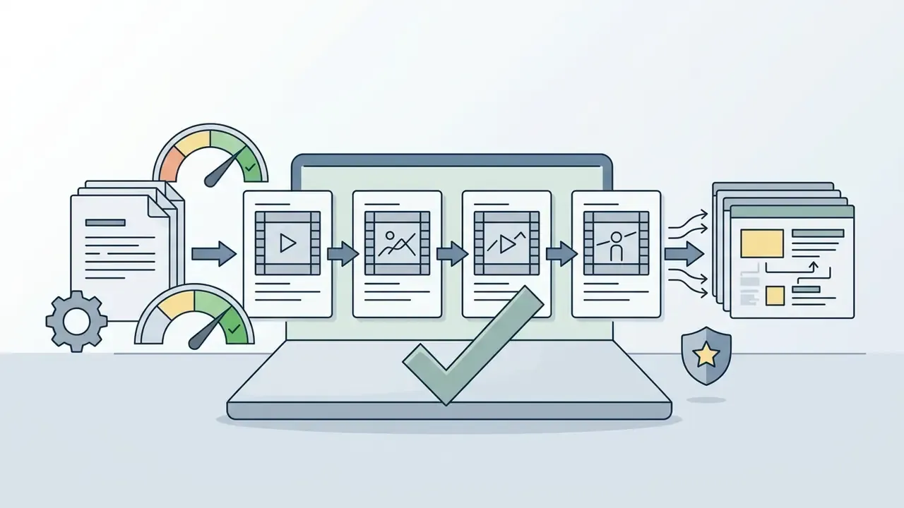 Documents and gauges feeding into a laptop screen showing video frames with a large green checkmark