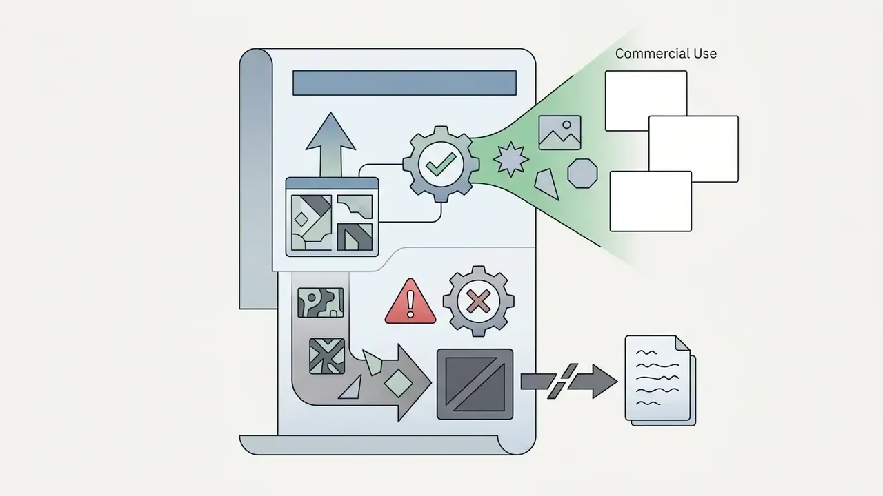 Diagram showing image processing paths with a gear mechanism leading to commercial use or restricted output