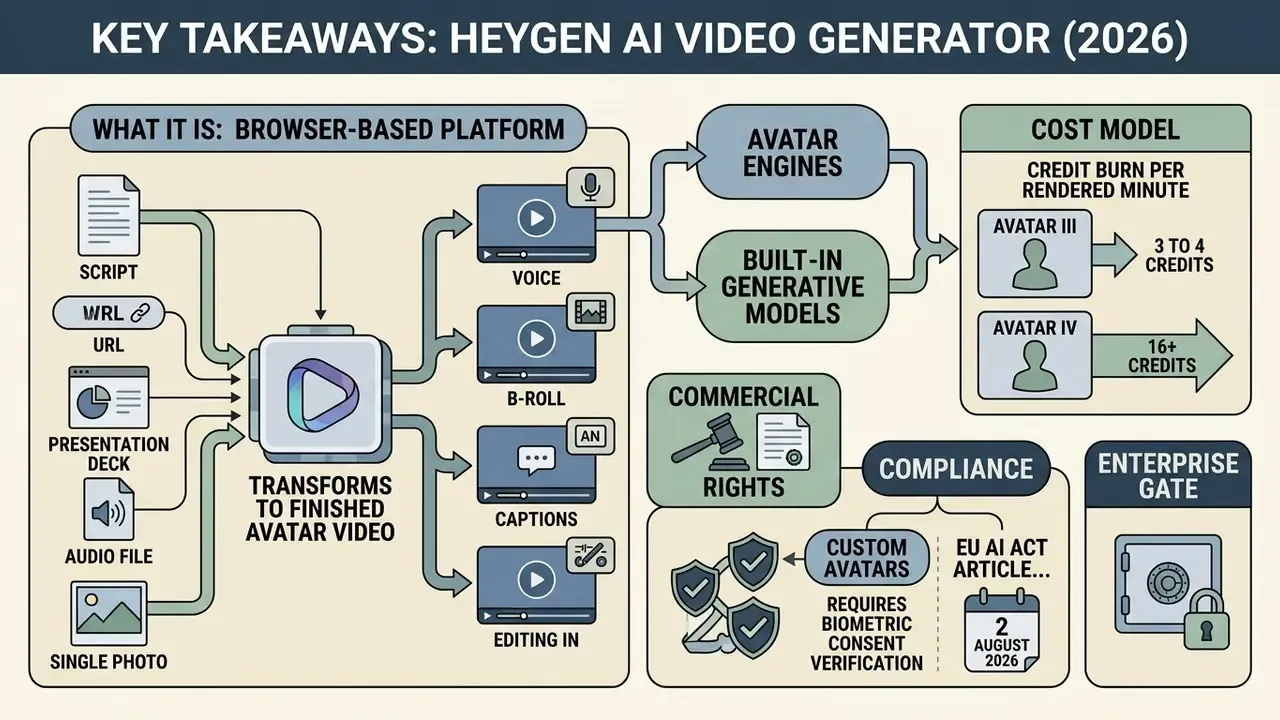 Infographic showing how the Heygen AI video generator platform processes media inputs into avatar videos