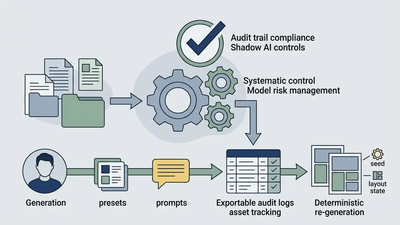 Process flow connecting user inputs and presets to audit logs and deterministic asset re-generation