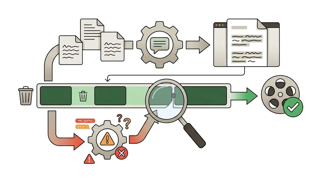 Documents feeding into a gear and timeline where a magnifying glass inspects clips for potential errors