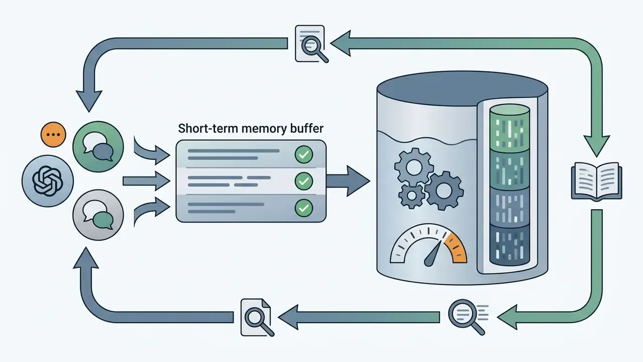 Chat inputs flowing into a short-term memory buffer connected to a database with gears and data storage