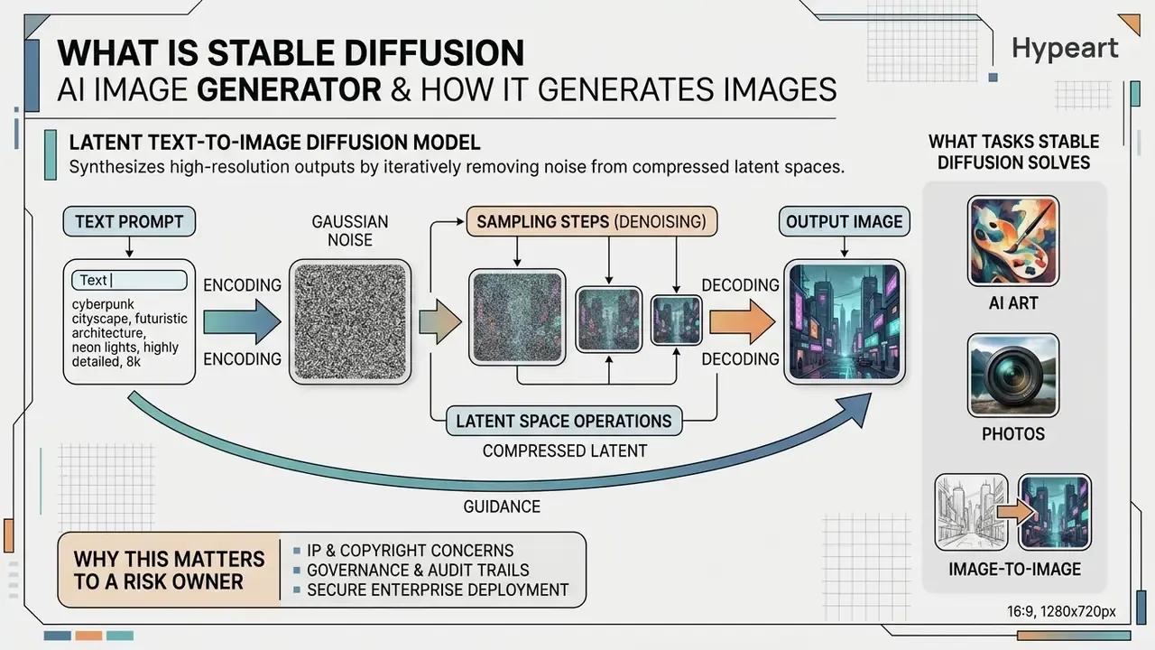 Process diagram showing how Stable Diffusion transforms text prompts into images through denoising