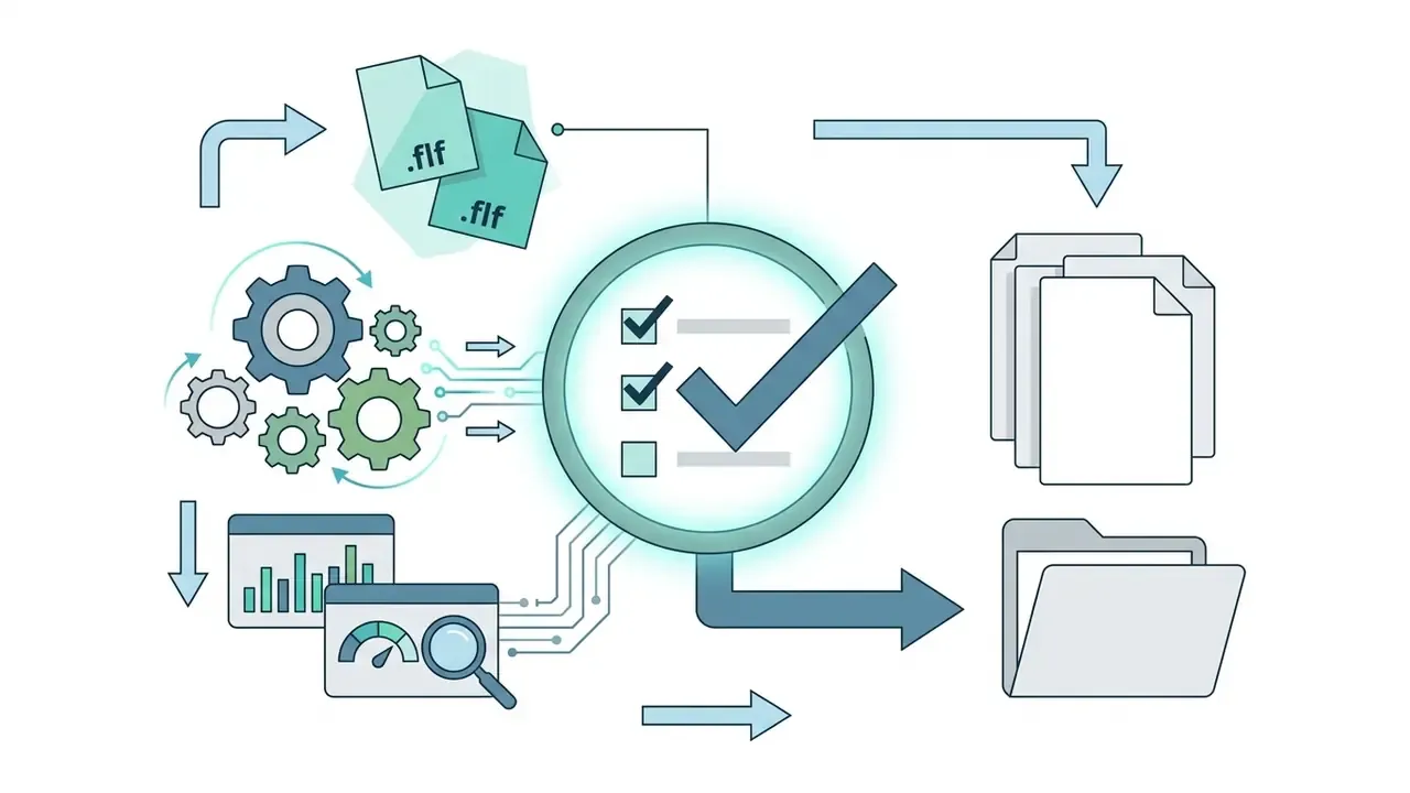 Checklist icon surrounded by gears, font files, and data documents representing a compliance review process