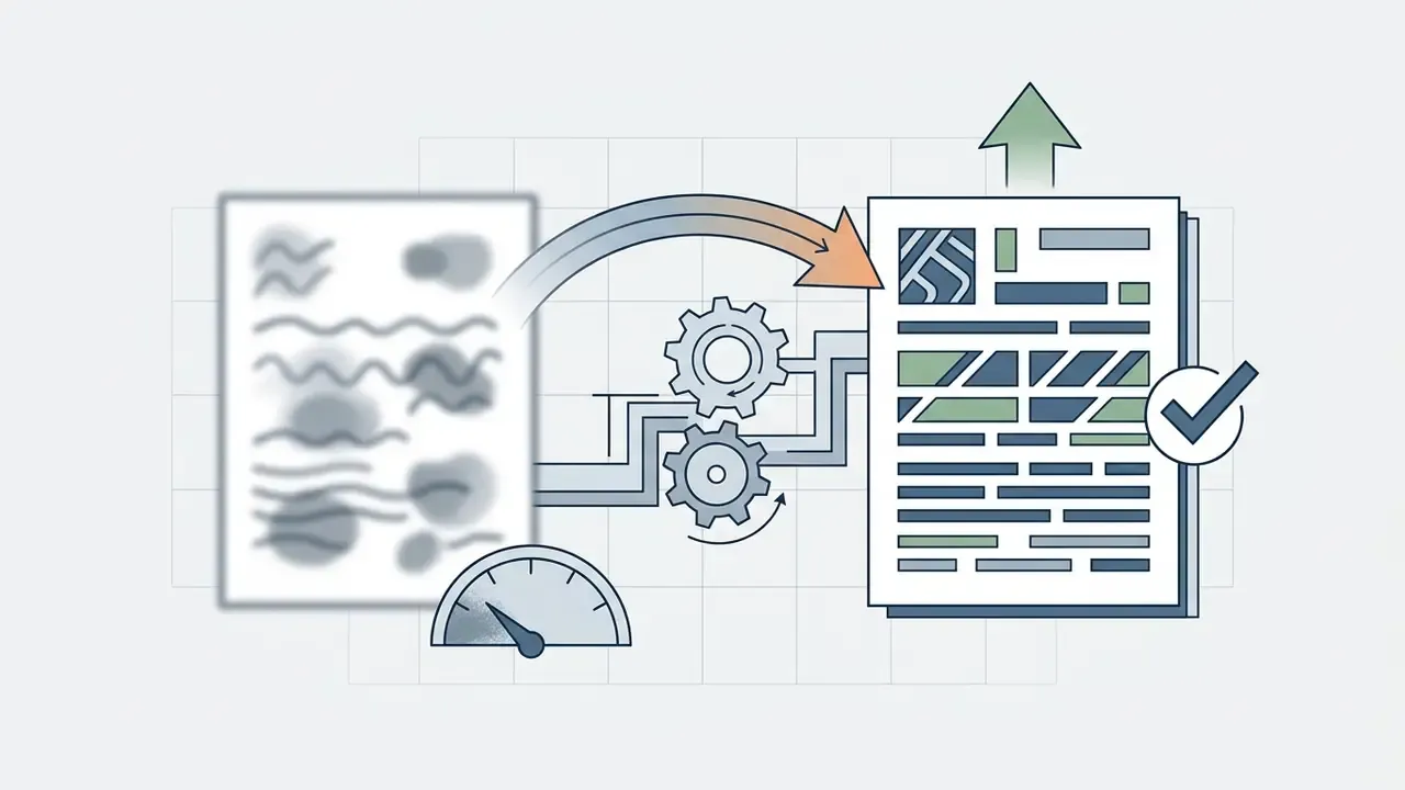 Blurred document processed through gears to become a sharp, legible file with a completion checkmark