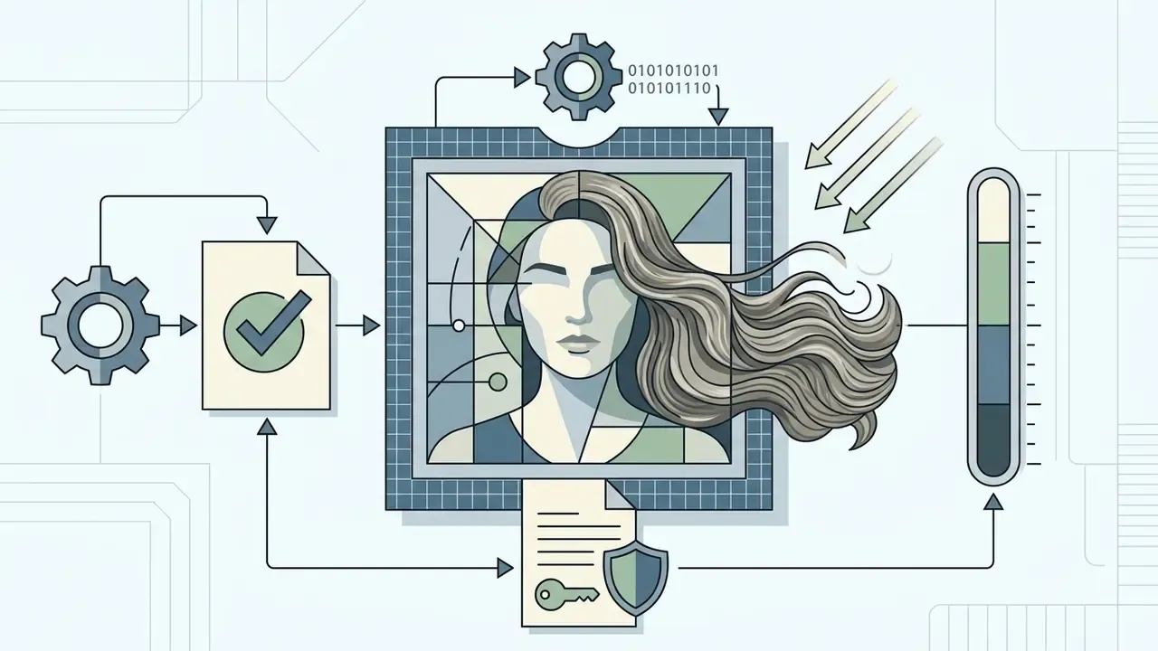 Stylized portrait of a woman inside a digital frame connected to processing gears and security icons